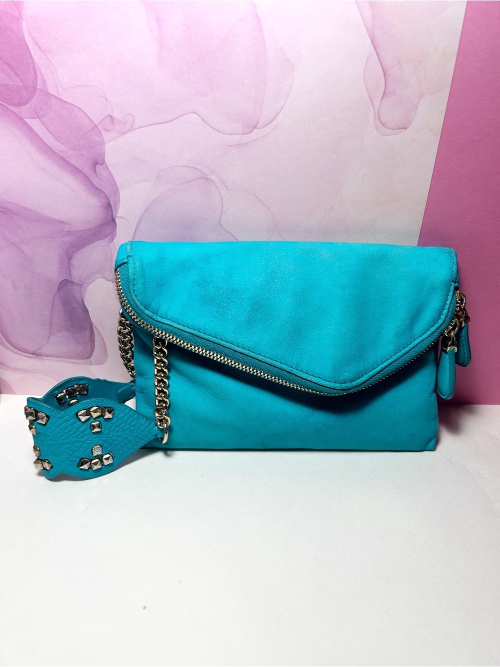 Henri Bendel Turquoise/Aqua Suede Fold Over Clutch Wristlet